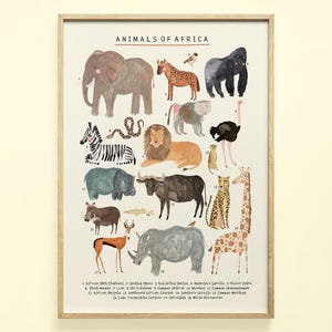 African Animals Continent Print | Africa Safari Lion Elephant Rhino Kids Décor Educational Nursery | Home Decor Wall Art Poster