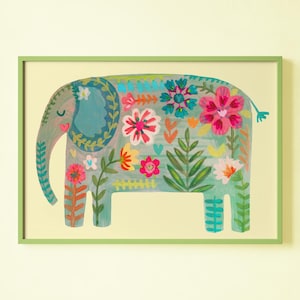Floral Elephant Print | Illustration Art Design Wall Décor Tribal Folk Folkloric Rainbow Flowers | Home Decor Wall Art Poster