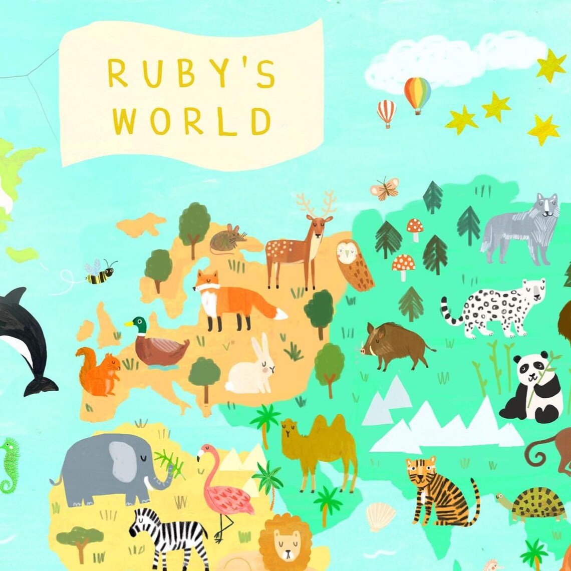 Personalised Animal World Map Print | Poster Playroom Nursery Kids ...