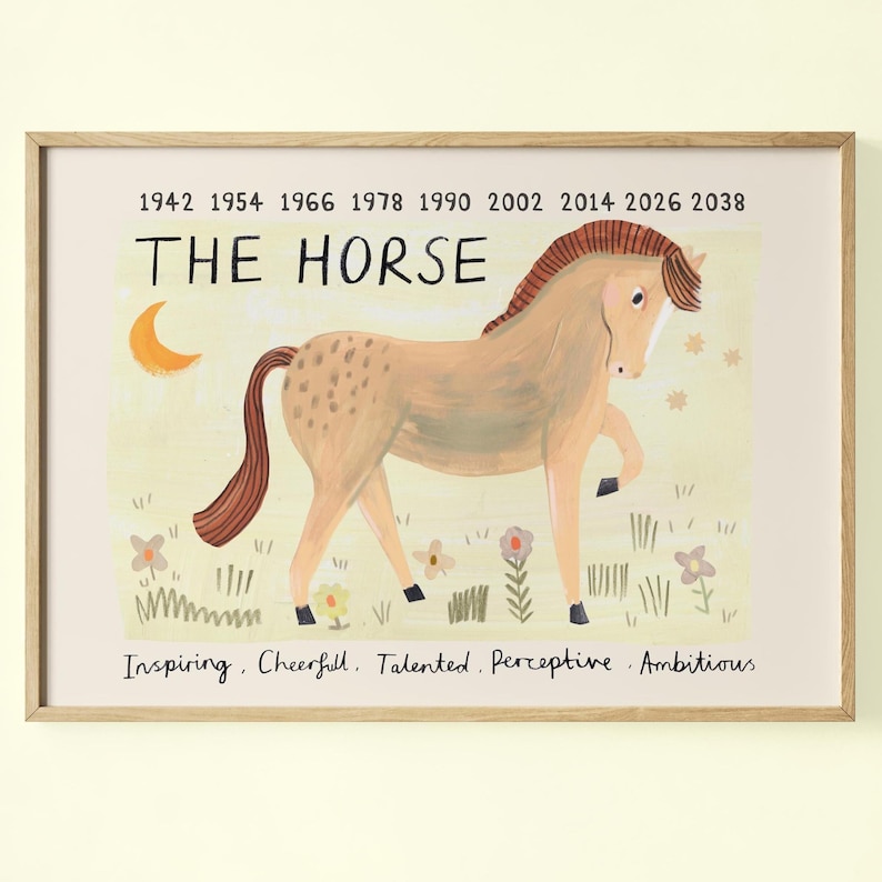 May include: A framed print featuring a tan horse illustration with a brown mane and tail. The text "THE HORSE" is above the image, with years listed above. The words "Inspiring, Cheerful, Talented, Perceptive, Ambitious" are below.