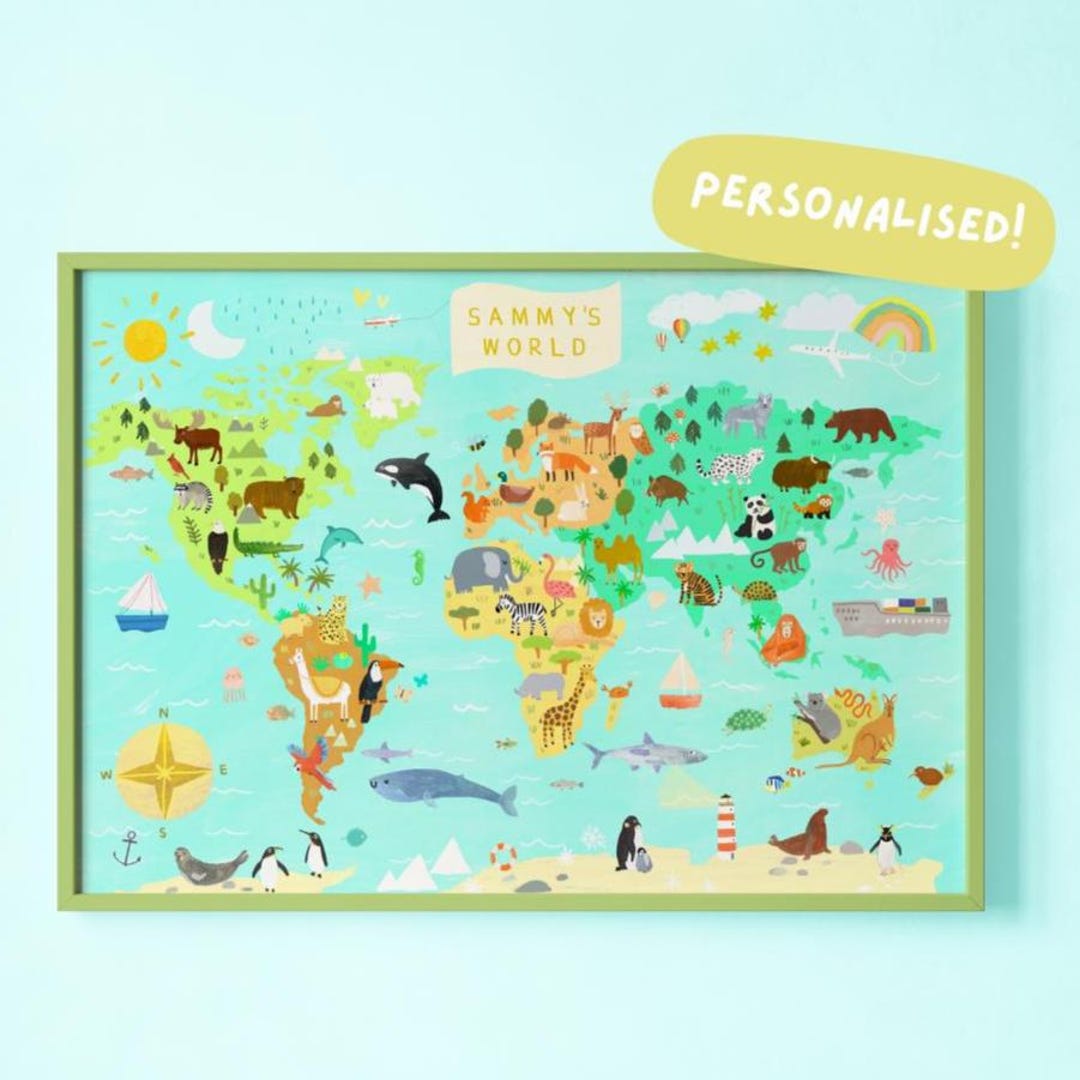 Personalised Animal World Map Print | Poster Playroom Nursery Kids ...