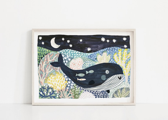 Ocean Underwater Sea Fish A4 A3 A2 Wall Art Illustration Whale Print Kids Nursery Decor