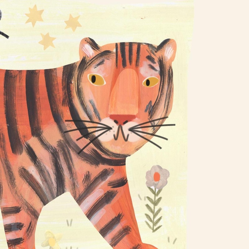 May include: A colorful illustration of a tiger with orange and black stripes, yellow eyes, and a red nose. The tiger is depicted in a walking pose, with a few stars and flowers in the background. The artwork has a whimsical, childlike style.