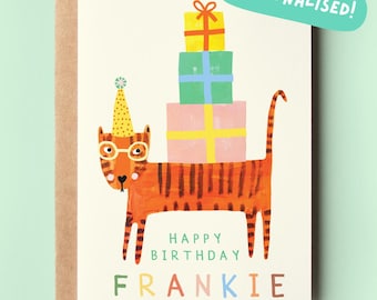 Personalised Tiger Birthday Card | Kids Children&#39;s Greeting Party Animal Cute Bday Name Custom