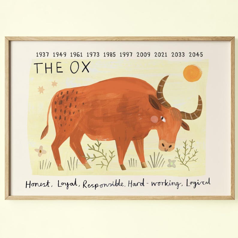 May include: A framed art print featuring an orange ox illustration. The text "THE OX" is above the ox, with years listed above. Below the ox are the words "Honest, Loyal, Responsible, Hard-working, Logical".