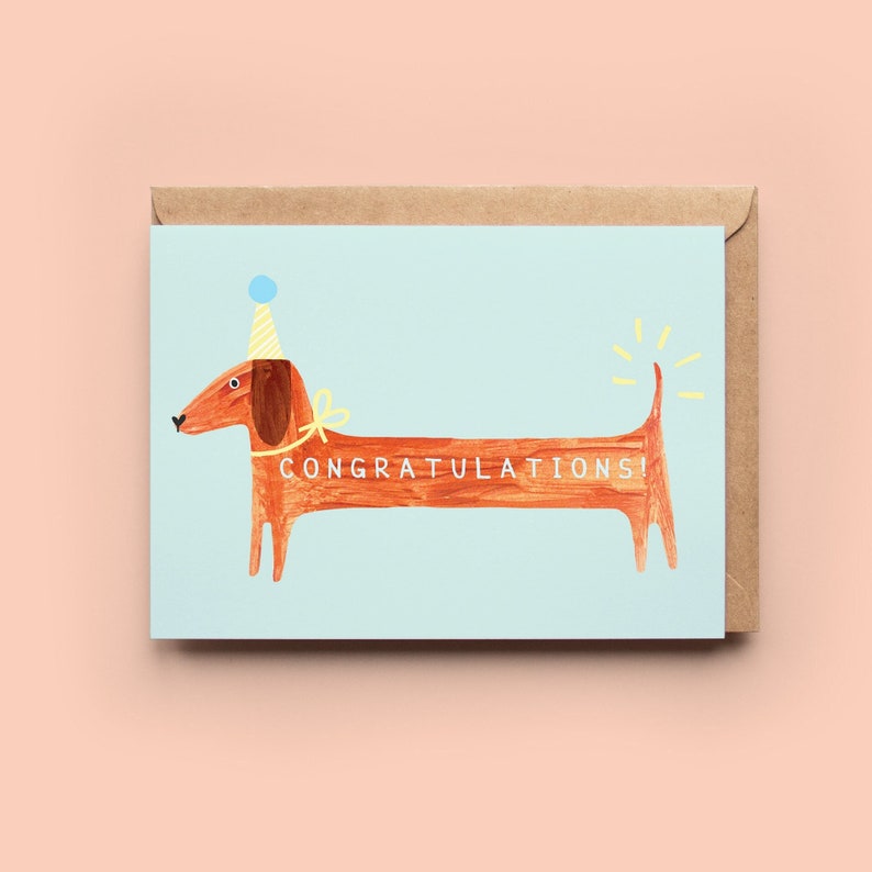 Sausage Dog Congratulations Card Congrats Celebrate Love Dachshund Dog Card Greeting Card New Job image 1