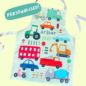 Personalised Children&#39;s Transport Apron | Customised Colourful Custom Name Baking Baking Kids Gift Craft Painting Cooking | Cars Trucks