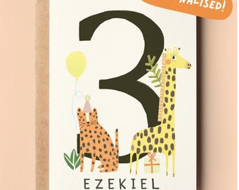 Personalised Jungle 3rd Birthday Card | Kids Birthday Children&#39;s Personalized Animals Custom Cards
