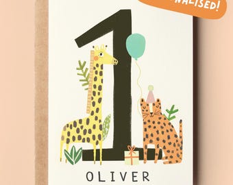 Personalised Jungle 1st Birthday Card | Kids Birthday Children&#39;s Personalized Animals Custom Cards