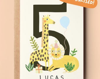 Personalised Jungle 5th Birthday Card | Kids Birthday Children&#39;s Personalized Animals Custom Cards