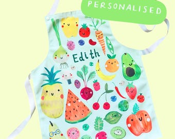 Personalised Children's Food Apron | Customised Custom Name Personalized Baking Kids Gift Craft Painting Cooking | Fruit Veggie Healthy