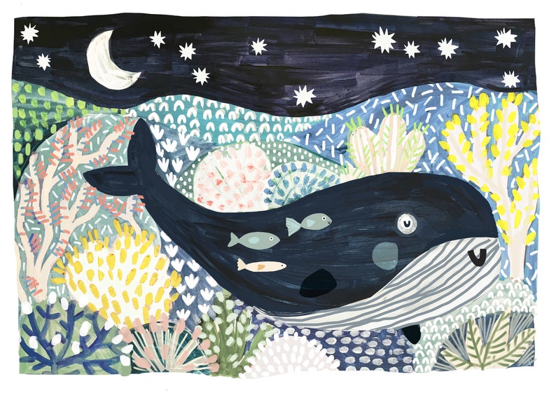 Ocean Underwater Sea Fish A4 A3 A2 Wall Art Illustration Whale Print Kids Nursery Decor