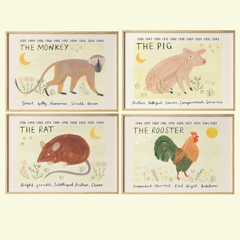May include: Four framed art prints featuring illustrations of animals from the Chinese zodiac: a monkey, pig, rat, and rooster. Each print includes the animal's name, associated years, and personality traits. The artwork has a light, whimsical style.
