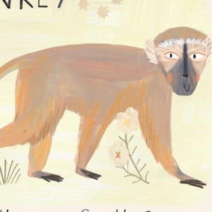 May include: An illustration of a monkey in shades of brown, tan, and gray, with a light yellow background. The monkey is depicted in a side profile, with a detailed face and a small sprig of white flowers. The word "Monkey" is at the top.