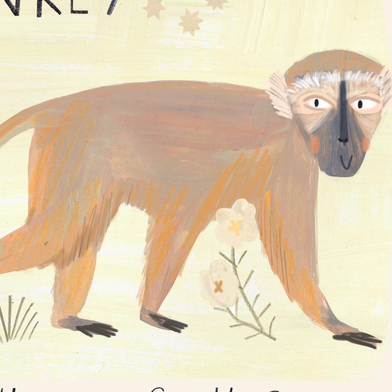 May include: An illustration of a monkey in shades of brown, tan, and gray, with a light yellow background. The monkey is depicted in a side profile, with a detailed face and a small sprig of white flowers. The word "Monkey" is at the top.
