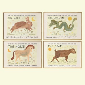 May include: Four framed art prints featuring illustrations of the Chinese zodiac animals: the Rabbit, Dragon, Horse, and Goat. Each print includes the animal's name, birth years, and associated personality traits. The artwork has a light yellow background.