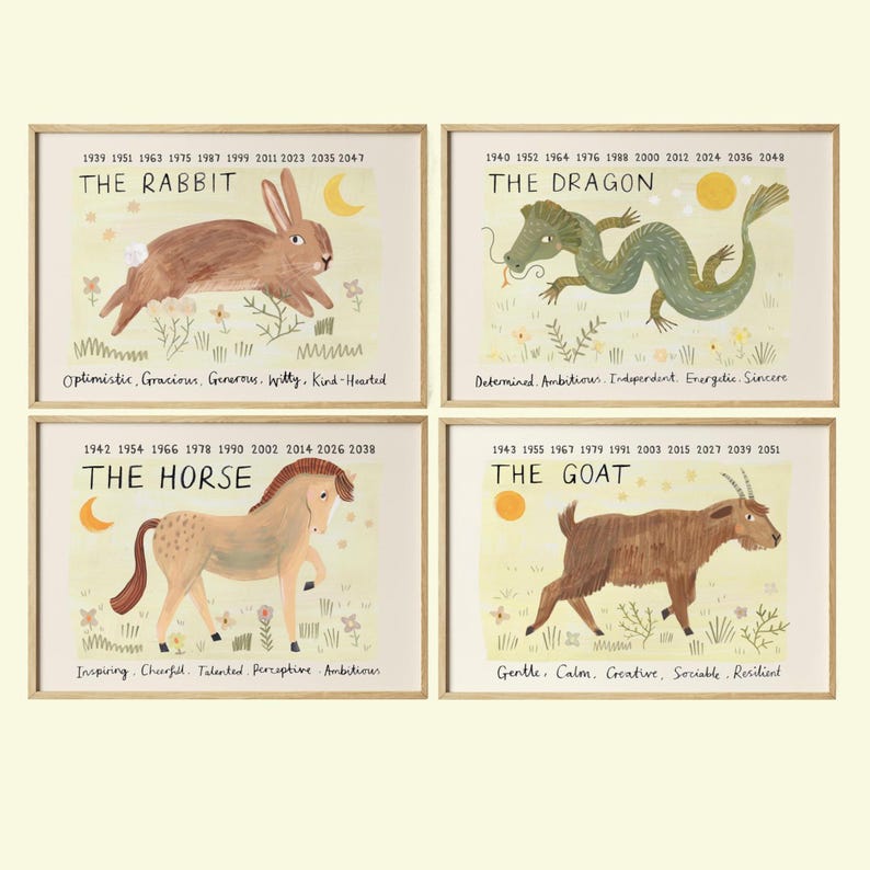 May include: Four framed art prints featuring illustrations of the Chinese zodiac animals: the Rabbit, Dragon, Horse, and Goat. Each print includes the animal's name, birth years, and associated personality traits. The artwork has a light yellow background.