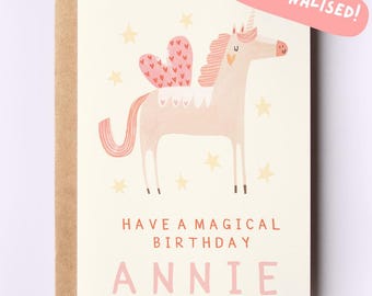 Personalised Unicorn Birthday Card | Kids Children&#39;s Greeting Card Magical Fairy Bday Name Custom