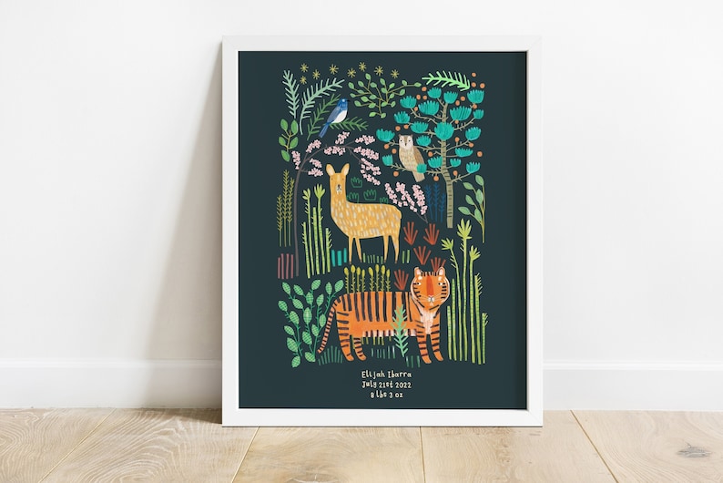 Personalised Jungle Birth Announcement Print Animals New Baby Gift Nursery Congratulations image 1