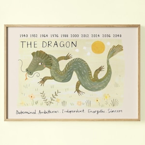 May include: Framed art print featuring a green dragon illustration. The artwork includes the text "THE DRAGON" and lists years from 1940 to 2048. Additional text describes the dragon as determined, ambitious, independent, energetic, and sincere.