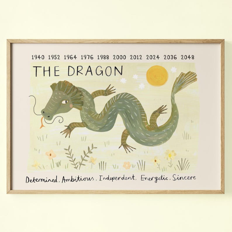 May include: Framed art print featuring a green dragon illustration. The artwork includes the text "THE DRAGON" and lists years from 1940 to 2048. Additional text describes the dragon as determined, ambitious, independent, energetic, and sincere.