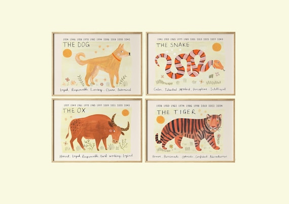 Lunar New Year Chinese Zodiac Print | Horse 2026 Ox Dragon Dog Snake Rabbit Rat Monkey Pig Tiger Goat Rooster