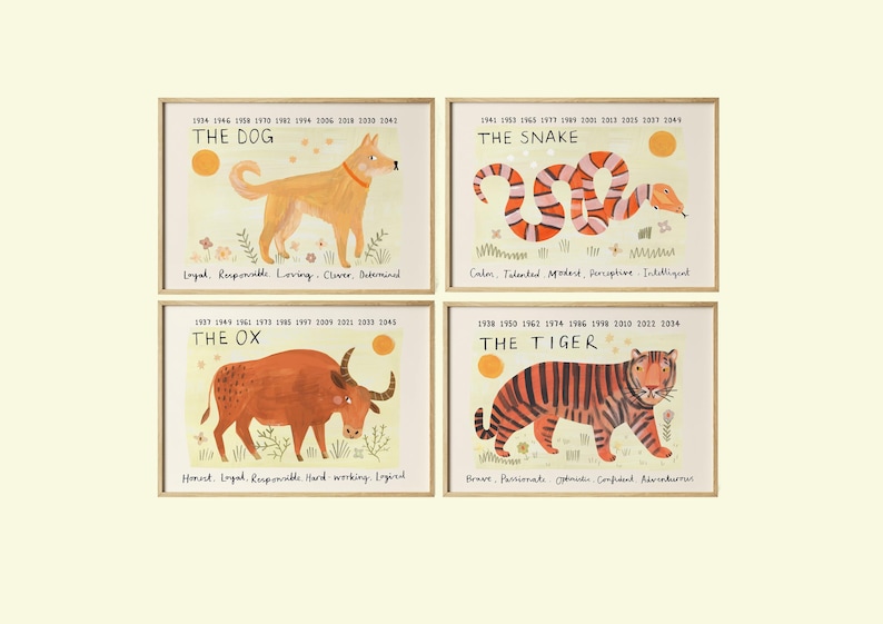Lunar New Year Chinese Zodiac Print | Horse 2026 Ox Dragon Dog Snake Rabbit Rat Monkey Pig Tiger Goat Rooster image 1