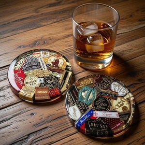 May include: Two round coasters with a collage of vintage cigar labels, alongside a glass of amber liquid with ice cubes. The coasters feature a variety of colors and text, creating a rustic, aged aesthetic. The drink is in a clear glass.
