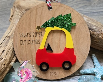 2025 Baby's First Christmas Ornament: Engraved Maple Wood, Cozy Coupe