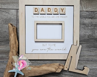 Daddy To The World, Dad Photo Frame, Fathers Day 2025, Grandpa Photo Frame, Scrabble Tile Frame, Gift For Dad, Wooden Frame, Gift For Him