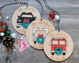 Oh What Fun It Is To Ride Ornament, First Responder Ornament, Fire Fighter, Paramedic, Police Officer, Christmas 2025, Essential Services