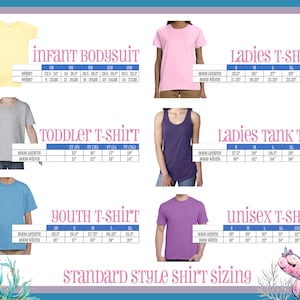 May include: A chart showing standard sizing for infant bodysuits, toddler t-shirts, youth t-shirts, ladies t-shirts, ladies tank tops, and unisex t-shirts. The chart includes measurements for body length and body width in inches.