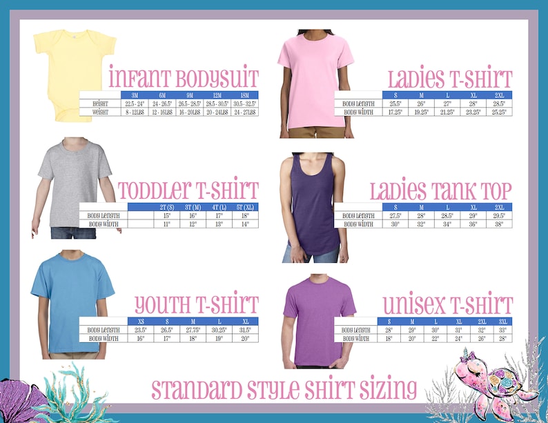 May include: A chart showing standard sizing for infant bodysuits, toddler t-shirts, youth t-shirts, ladies t-shirts, ladies tank tops, and unisex t-shirts. The chart includes measurements for body length and body width in inches.