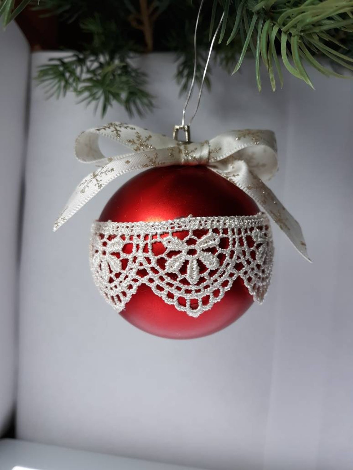 Christmas Ball Ornament With Lace Etsy