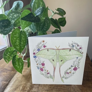 Luna Moth Card - 5x5 Blank Square Card with self-seal Kraft envelope