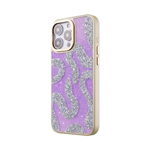 May include: A protective phone case featuring a vibrant purple glitter background overlaid with a shimmering silver glitter wavy pattern. The case has a gold-toned frame around the camera module and side buttons, designed for a smartphone device.