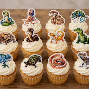 May include: A set of twelve cupcakes topped with white frosting and individual paper cutouts featuring watercolour illustrations of various reptiles and amphibians, including snakes, turtles, a chameleon, a bearded dragon, and a small alligator.
