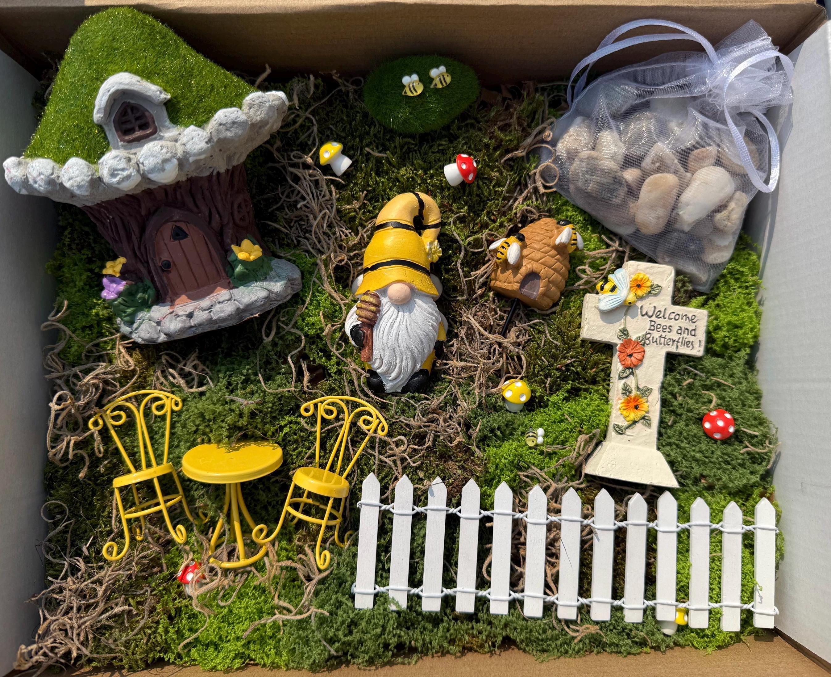Whimsical Bee Fairy Garden Kit – Gnome, Tree House, Fence, Mini Bees, Rocks & Mushrooms | Fairy Garden Decor Gift Set