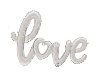 47" Silver Mylar Script Style "LOVE" Balloon with Heart