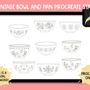May include: A digital collection of 35 vintage bowl and pan Procreate stamps displayed on a tablet screen. The black and white line art features various bowls decorated with floral patterns and goose illustrations. Text reads 35 VINTAGE BOWL AND PAN PROCREATE STAMPS, THIS IS A DIGITAL DOWNLOAD, and PROCREATE ONLY.