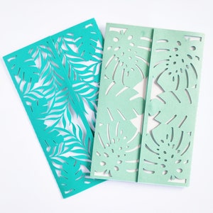 2 SVG Plantilla de tarjeta de verano Tropical Boda Láser Cortar Archivo Tropical Monstera Deja Cricut Archivo De Corte De Verano Silueta Cameo