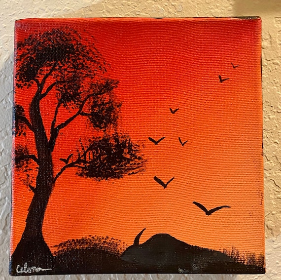 Original Sunset Landscape Painting on 6x6 3D Stretched Canvas (the