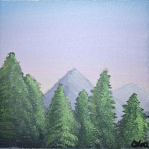 Original Gouache on Canvas Painting 8x8in &quot;Mountain Peaks&quot; Art by Celena