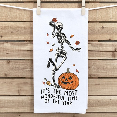Set of 3 Halloween Tea Towels Skeleton Kitchen Decor item Etsy