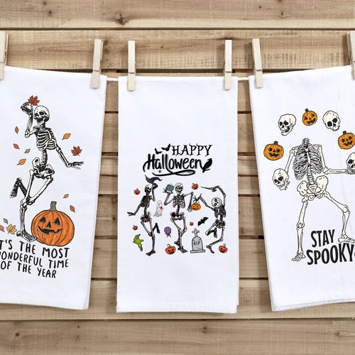 Set of 3 Halloween Tea Towels Skeleton Kitchen Decor item Etsy