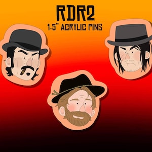 Puede incluir: Tres pines de acrílico de 1,5 pulgadas con personajes del videojuego Red Dead Redemption 2. Los pines son redondos y presentan ilustraciones de estilo de dibujos animados de los personajes. Los personajes llevan sombreros y tienen vello facial.
