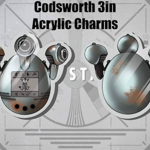 May include: Two 3-inch acrylic charms featuring a robot design. The robot is silver with rust-colored accents, a large central eye, and two smaller eyes on each side. The text "Codsworth 3in Acrylic Charms" is at the top.