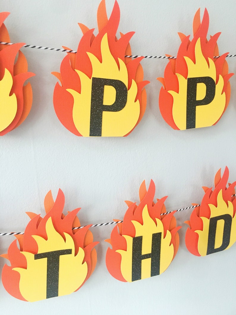 Fire Happy Birthday Banner, Fire Flames Banner, Perfect for Fireman Party, Camping Party, Hunting Party, Firefighter Graduation Party image 3