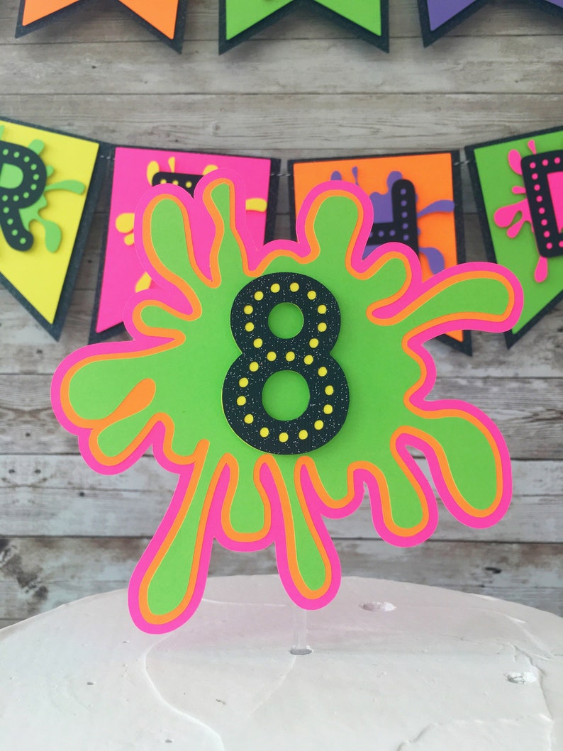 Neon Glow Party Cake Topper, Slime Party Decorations, Paint Party Cake Topper, 80's Theme Party Decorations image 4