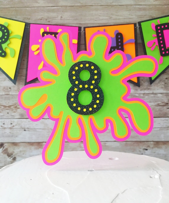 Neon Glow Party Cake Topper, Slime Party Decorations, Paint Party Cake  Topper, 80's Theme Party Decorations 